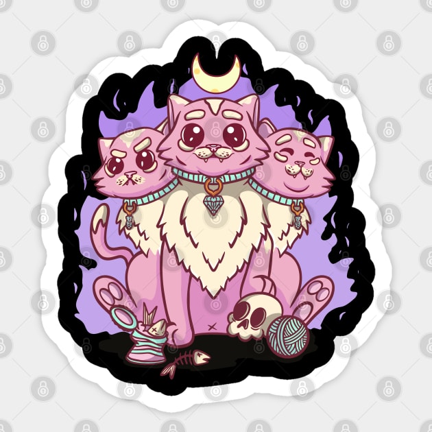 Kawaii Pastel Goth Cute Creepy 3 Headed Cat Skul, Sticker by PinkyTree